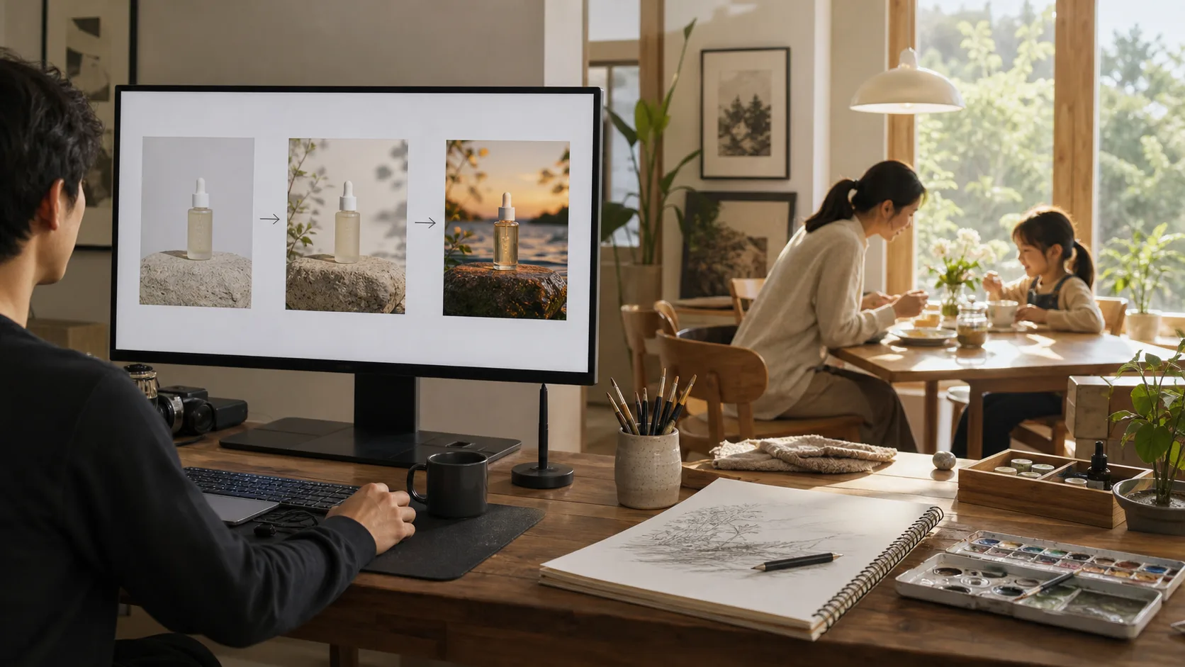A completed product image workflow beside art supplies and a family sharing time together