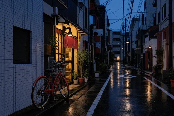 A photograph of a rain-soaked street