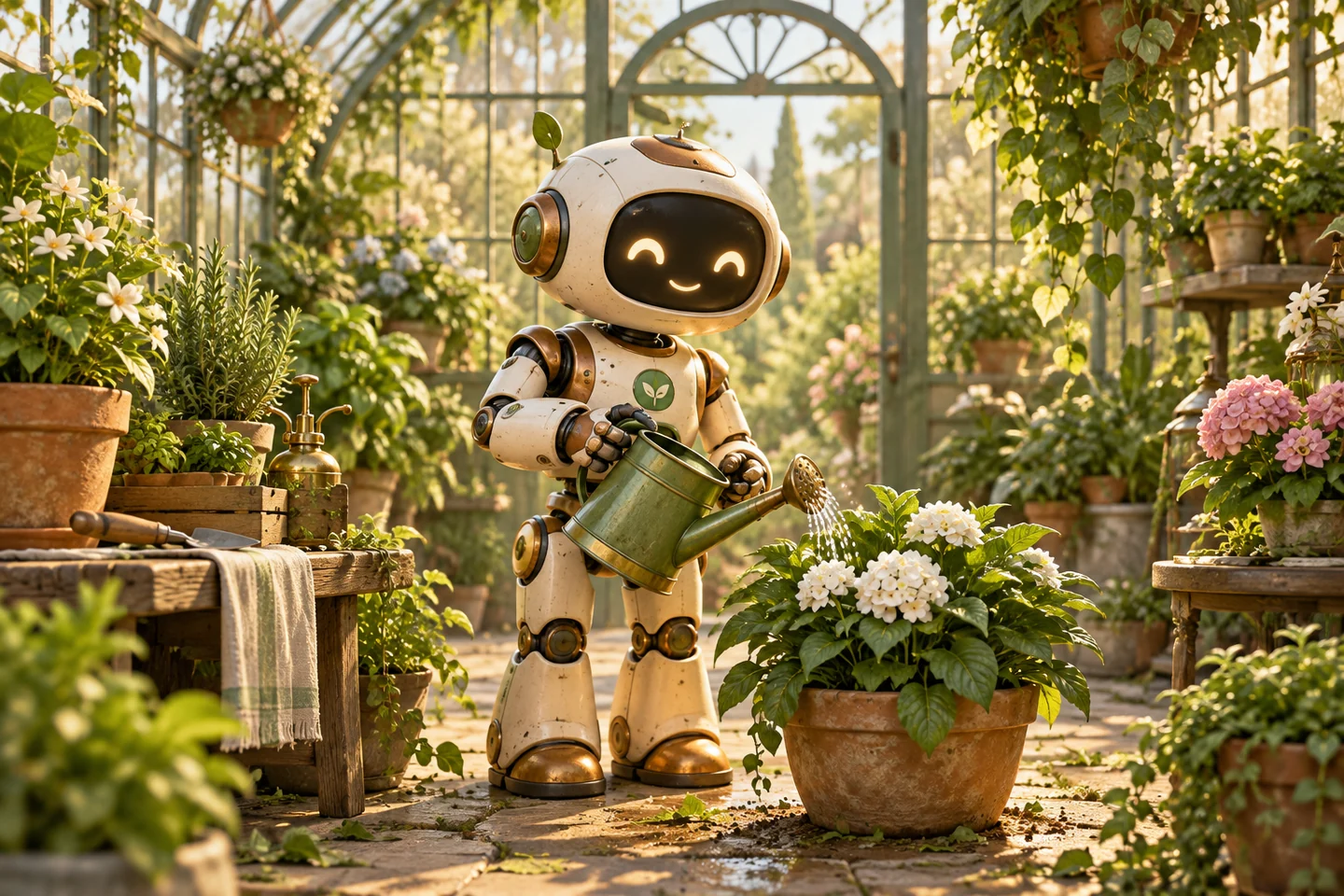 Creative example: a small gardening robot tending greenhouse plants