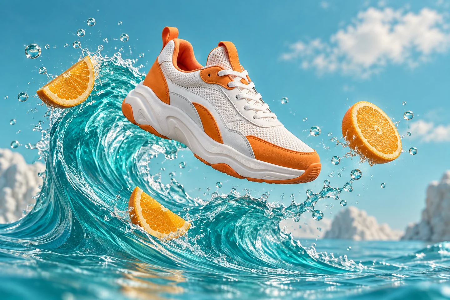 Creative example: a white and orange sneaker above a sculptural turquoise wave