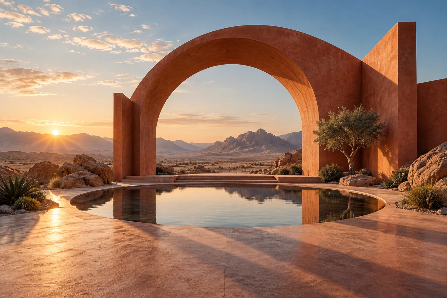 Creative example: a terracotta desert arch beside a reflecting pool