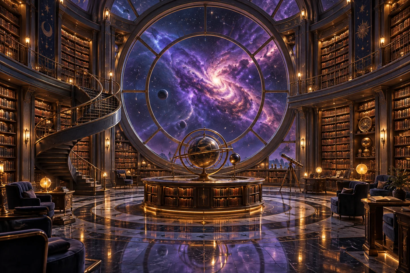 Creative example: a circular library overlooking a violet nebula