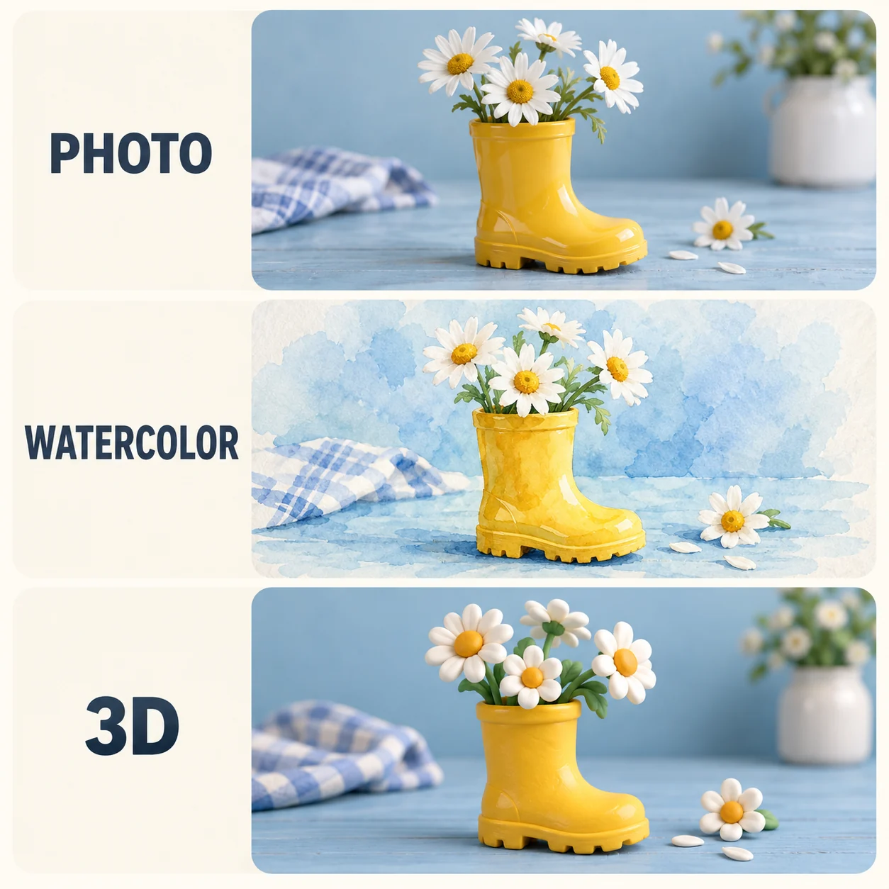 The same yellow rain boot and daisies shown as photography, watercolor and 3D