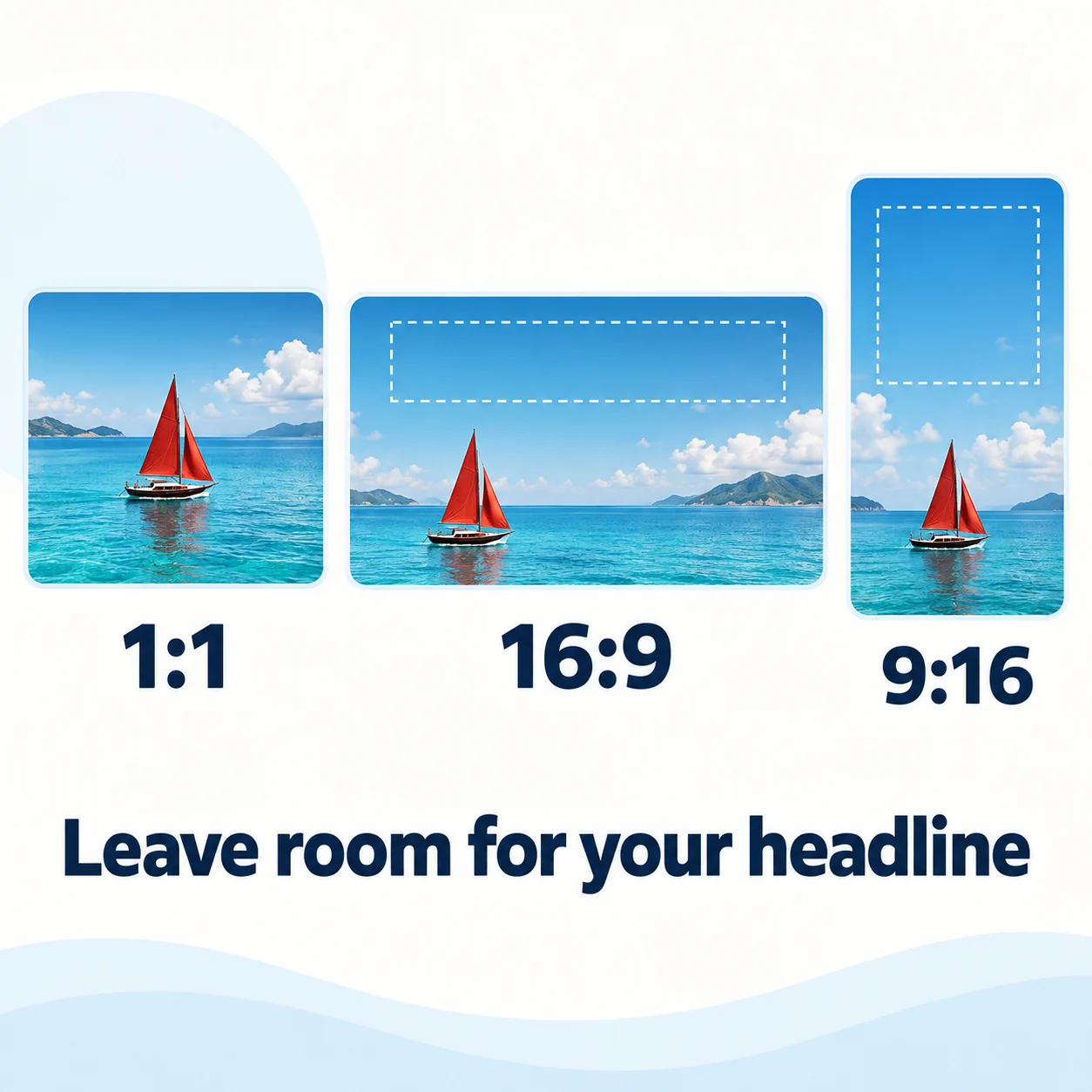 Square, landscape and portrait sailboat compositions with marked headline space
