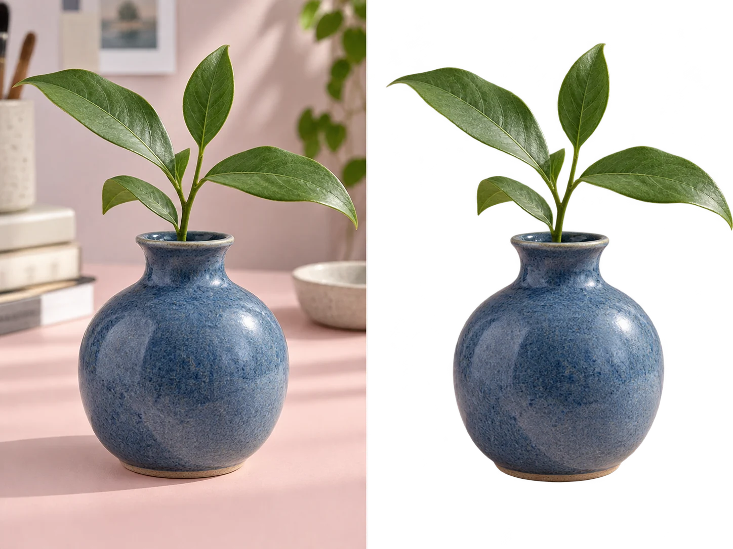 示意图:蓝色花瓶原图与抠图结果,用于检查边缘