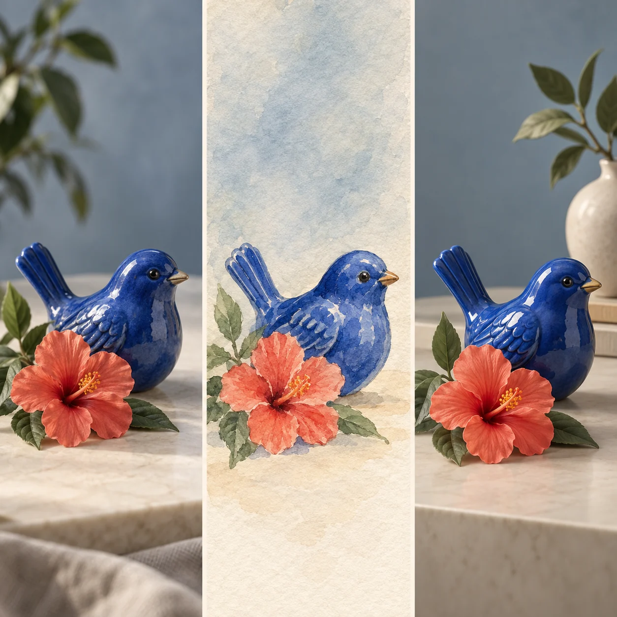 同一只钴蓝色陶瓷鸟和珊瑚花分别呈现为照片、水彩画和 3D 艺术