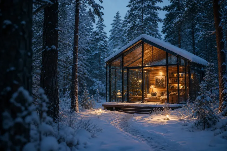 AI 生成的雪林玻璃小屋