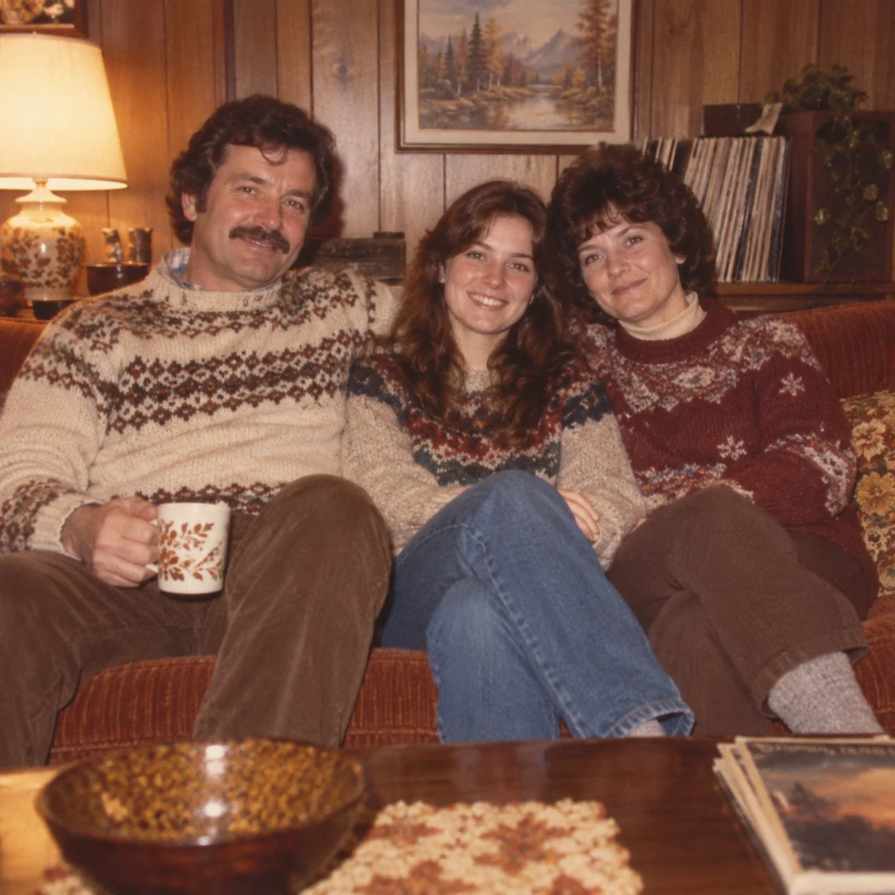 Creative 1983 family-album photograph in a warm living room