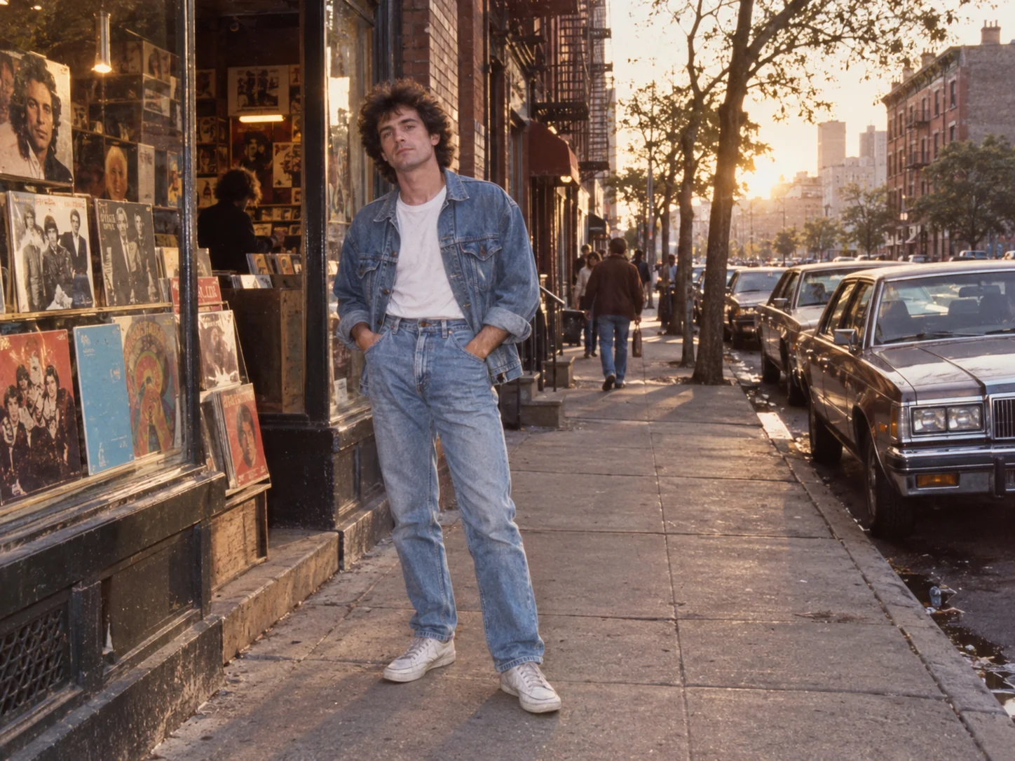 Creative 1986 denim street portrait beside a record shop