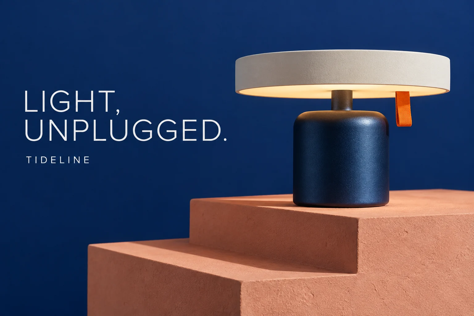 Navy portable lamp on coral plinth with LIGHT, UNPLUGGED headline