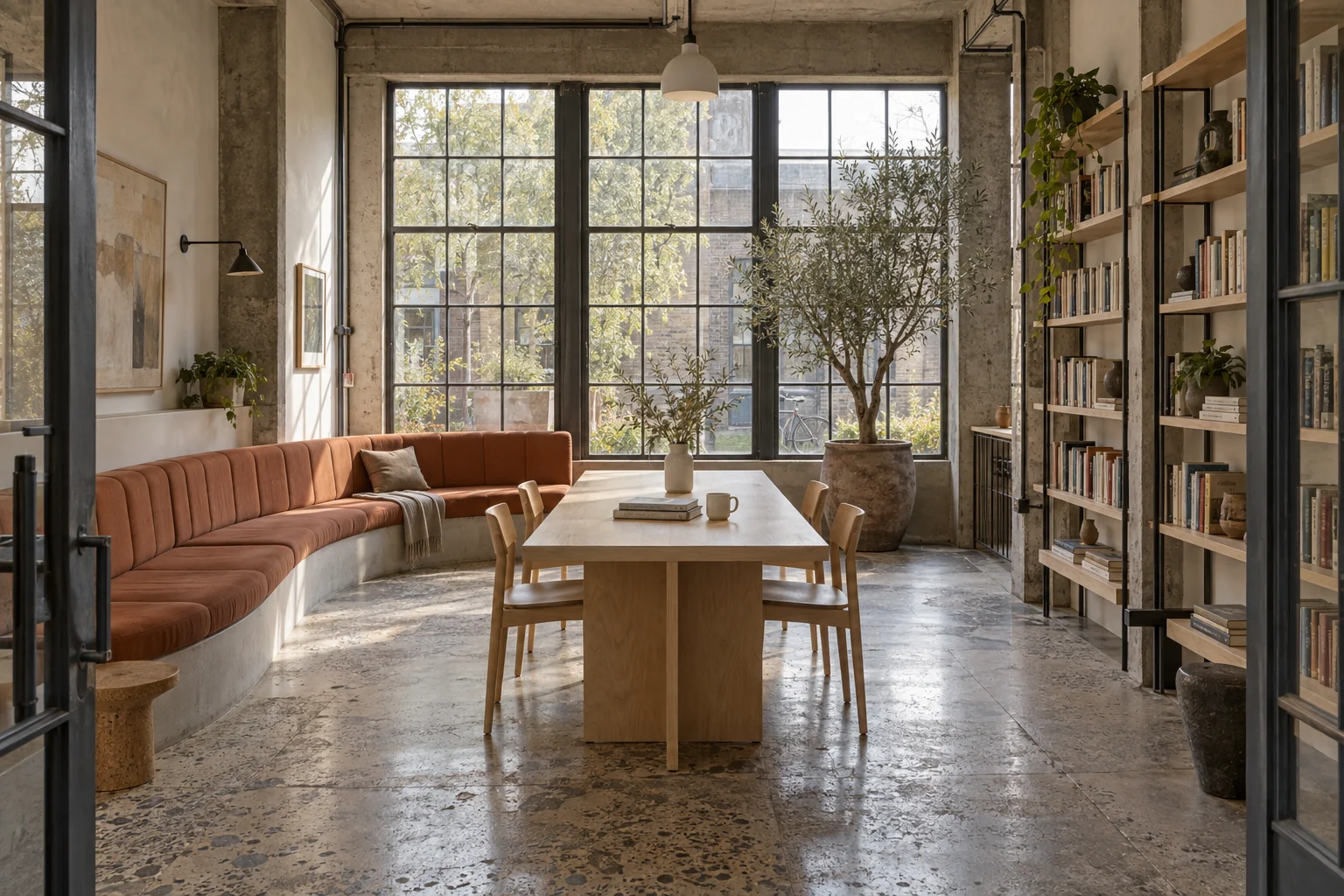 Reading room with terracotta bench, birch table, steel windows and bookshelves