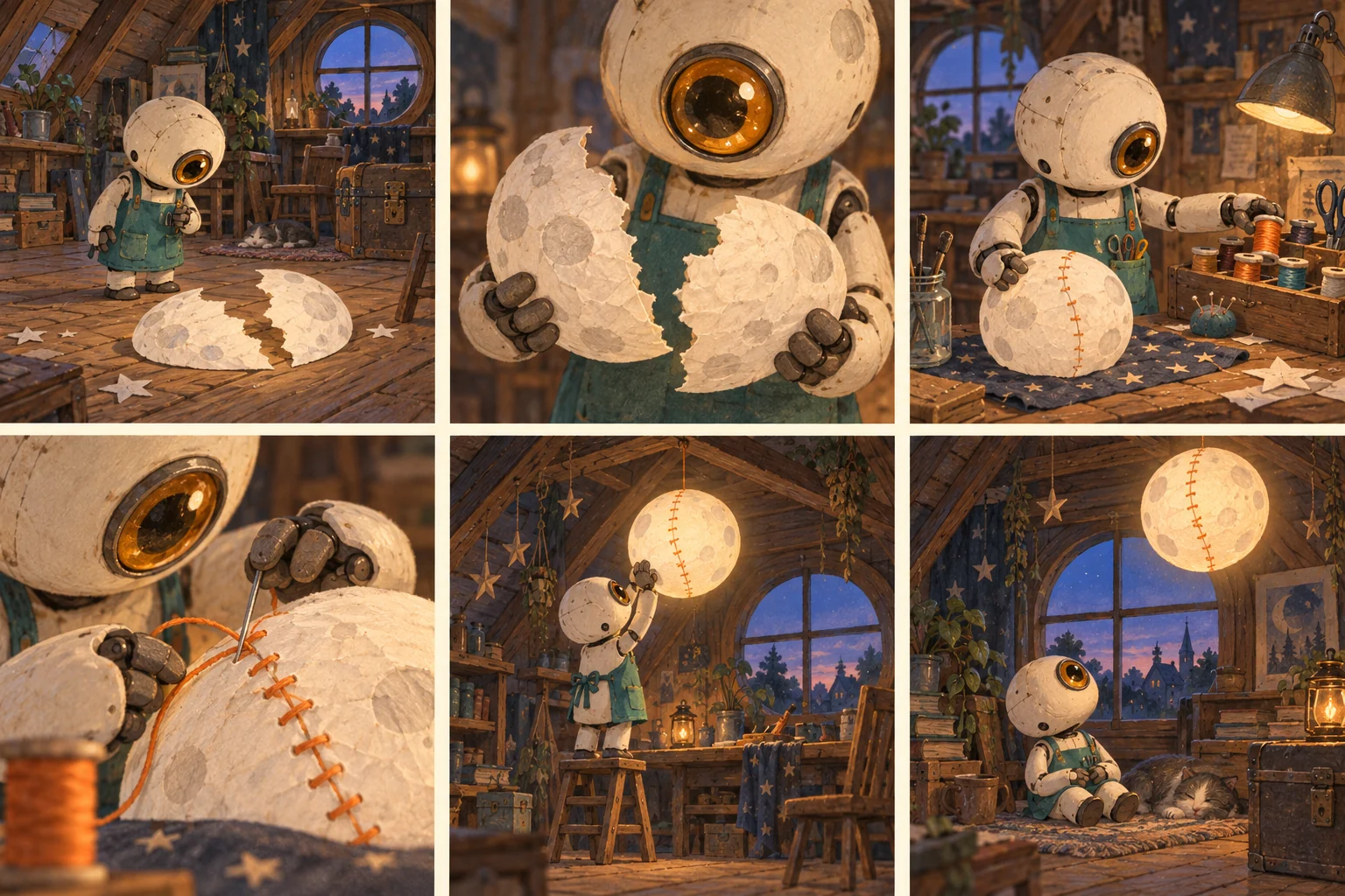Six-panel story of a cream repair robot stitching a paper moon in an attic