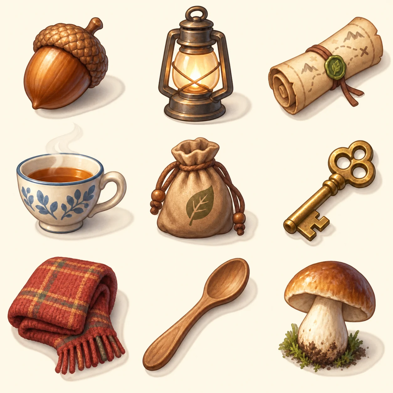 Cozy game inventory icons — original generated example