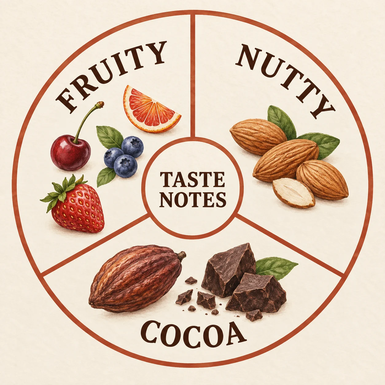 Creative reference: three-part tasting wheel with fruit nuts and cocoa