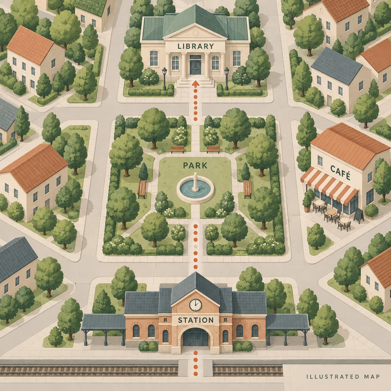 Fictional neighborhood walking map — creative reference, not a verified model result
