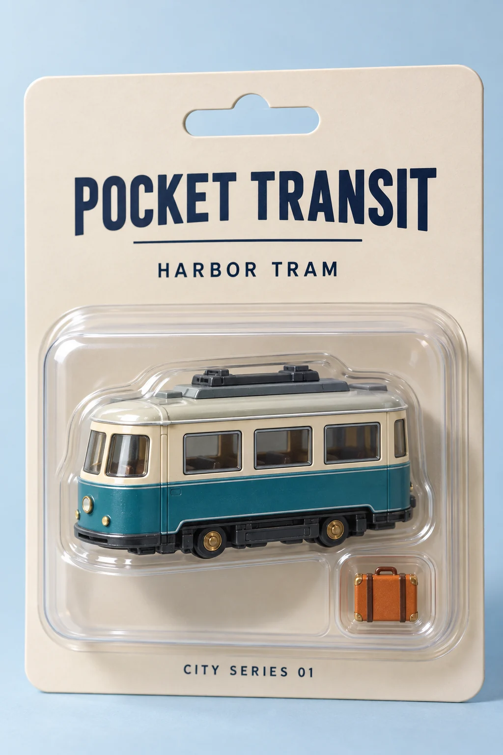 Pocket tram collectible packaging, original flaq.ai example — creative reference