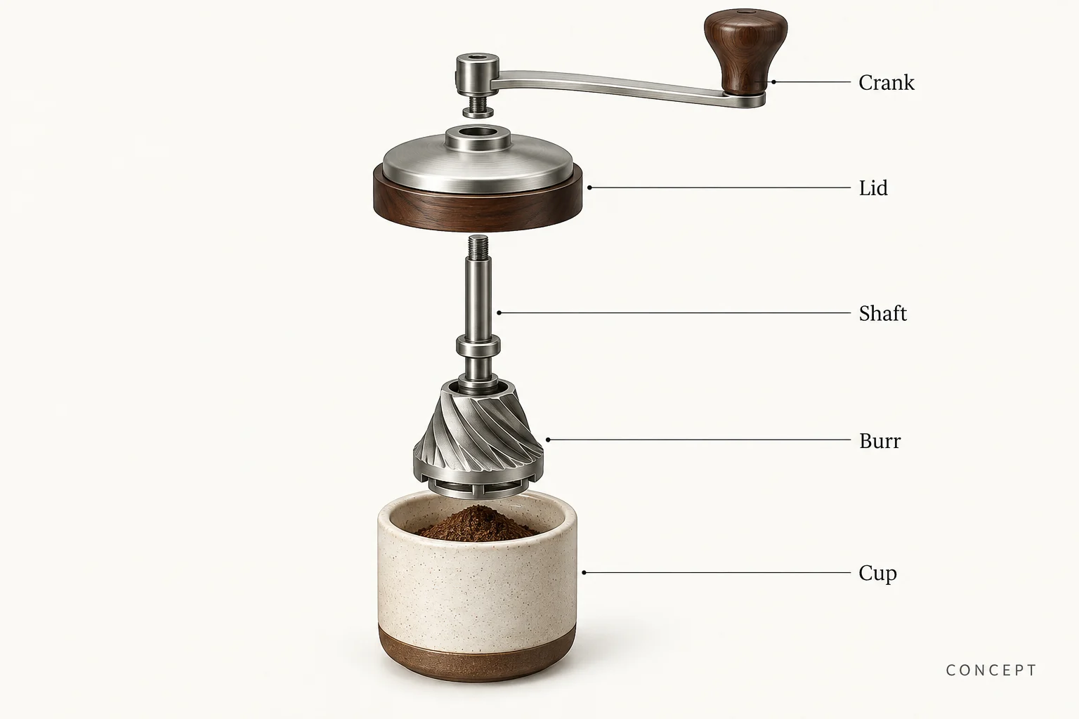 Mechanical coffee grinder cutaway — original generated example — creative reference