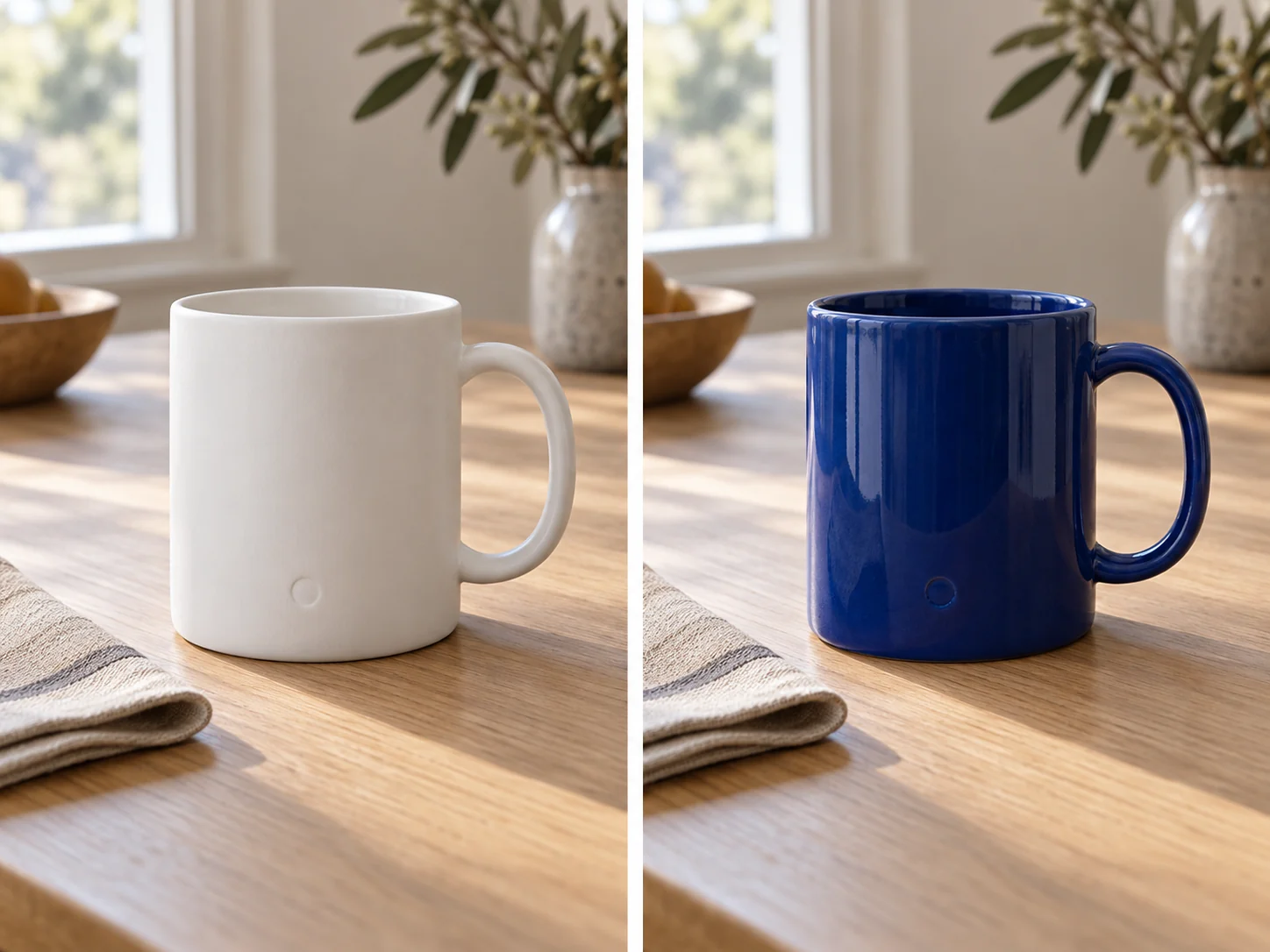 Creative reference: matching white matte and cobalt glossy mugs on the same oak table