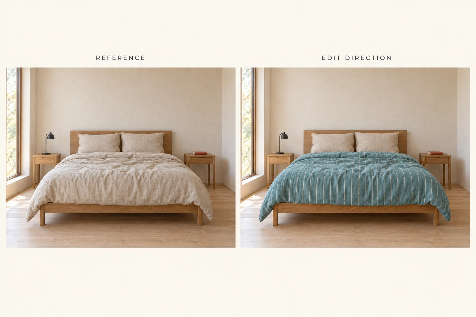 Creative reference comparison: neutral bedding beside a blue striped duvet direction, with the same bedroom arrangement