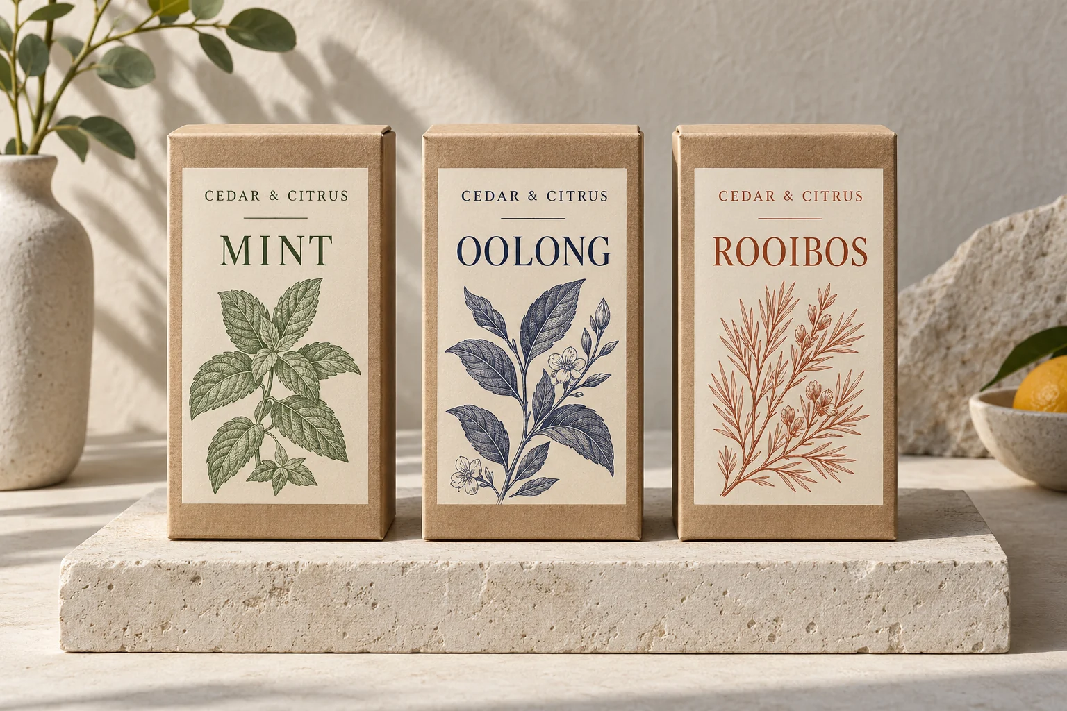 Original creative packaging concept: three kraft tea cartons with botanical labels