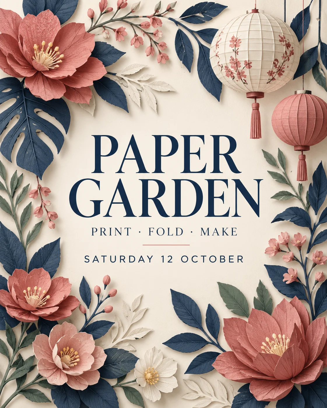 Original creative poster with navy PAPER GARDEN lettering, coral paper flowers and lanterns