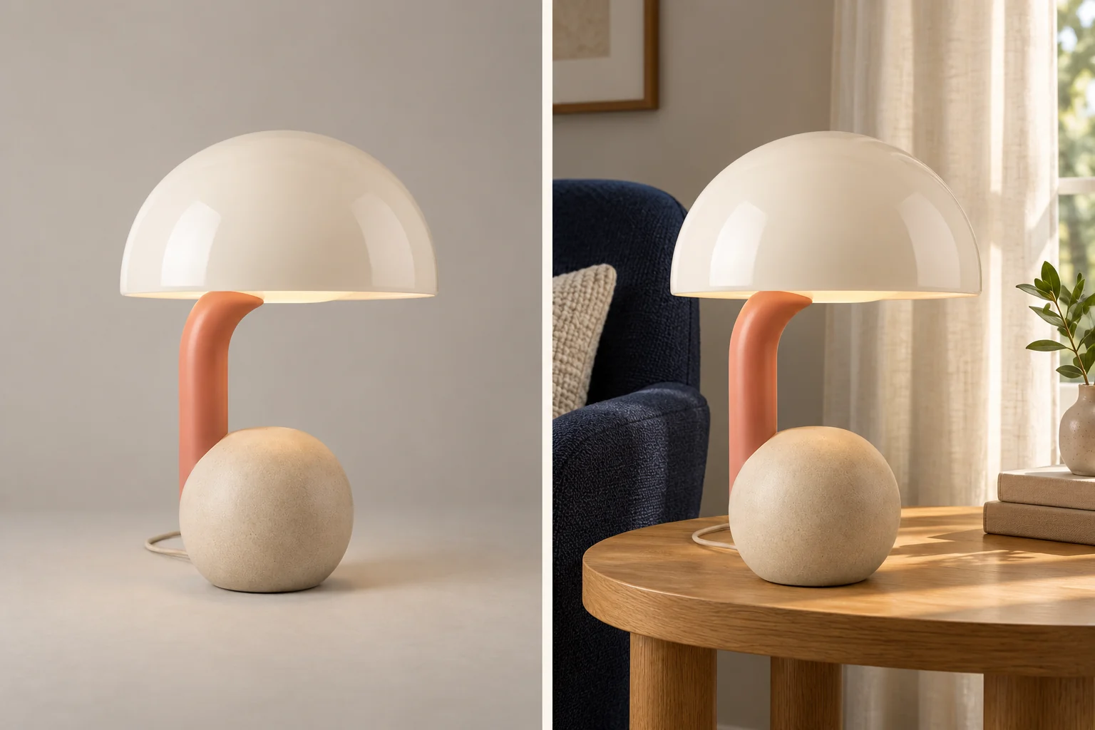 Creative edit pair: coral-stem lamp in a plain studio at left and a reading corner at right