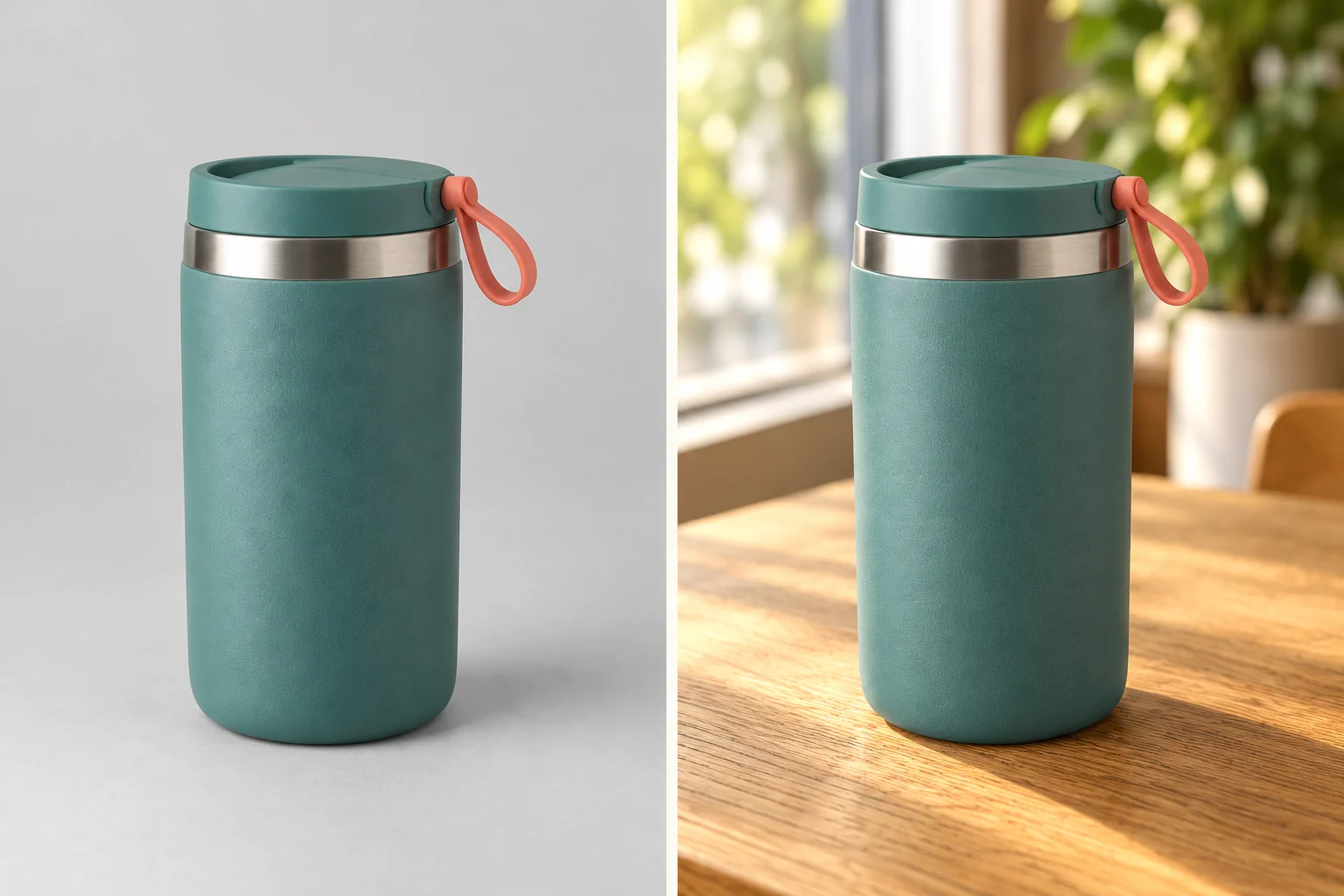 Creative edit pair: teal travel mug on a plain studio surface at left and sunlit cafe table at right