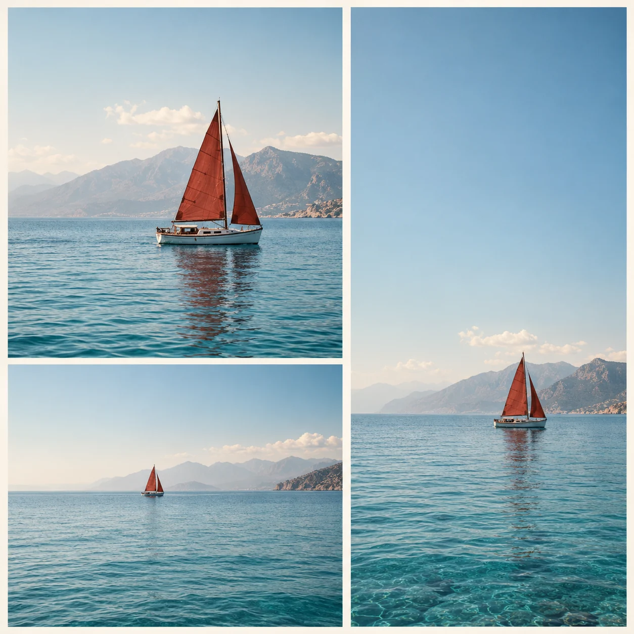 Creative reference: a red sailboat in square, landscape and portrait compositions
