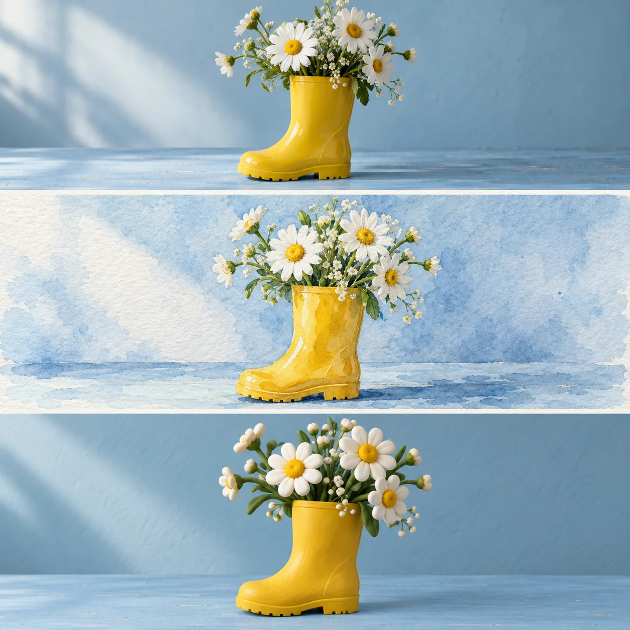 Creative reference: yellow rain boots with daisies in photographic, watercolor and clay styles