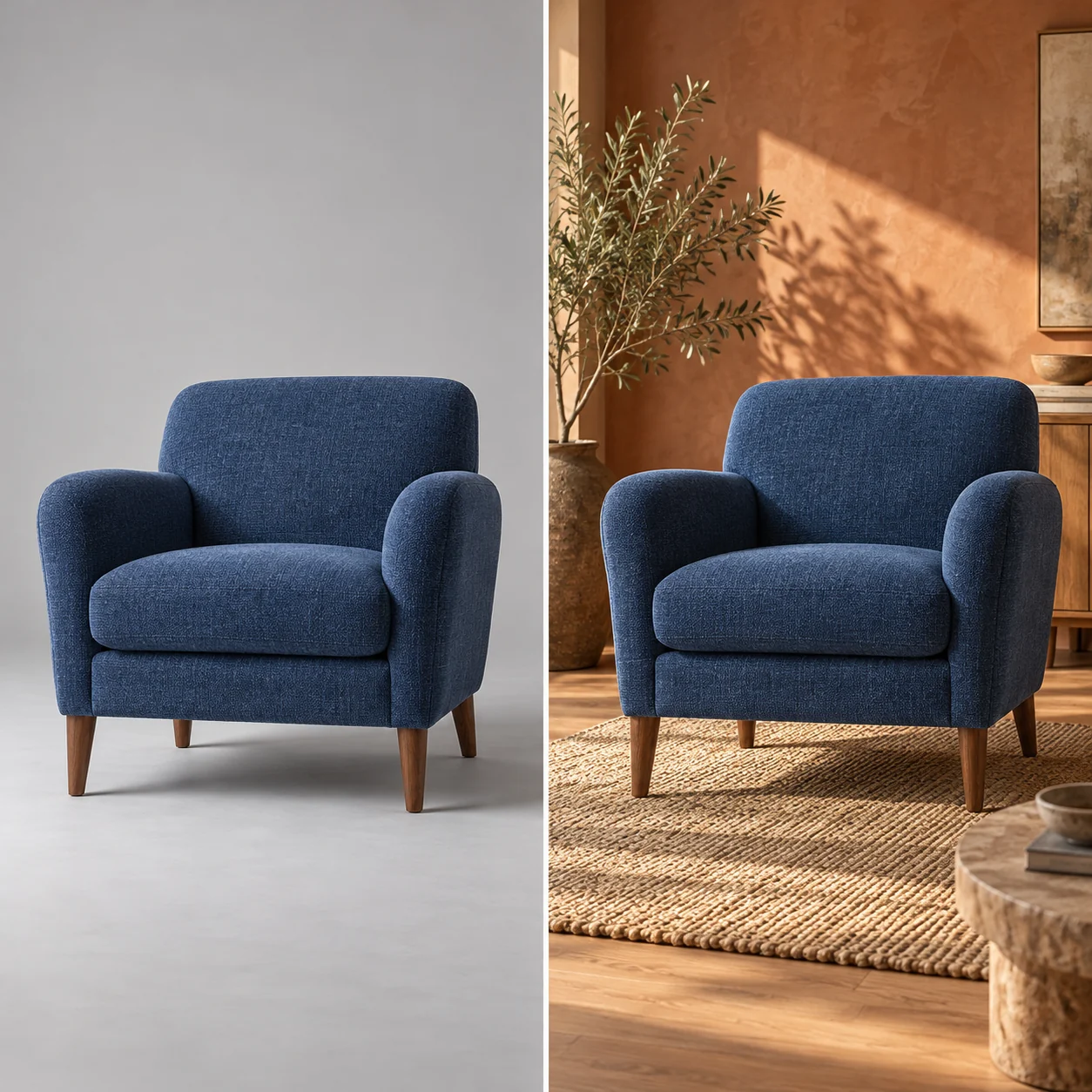 Creative reference: the same blue armchair in a gray studio and a warm living room