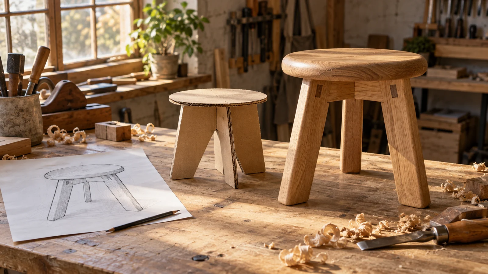 Creative reference: a stool sketch, cardboard prototype and finished oak stool on a workshop bench