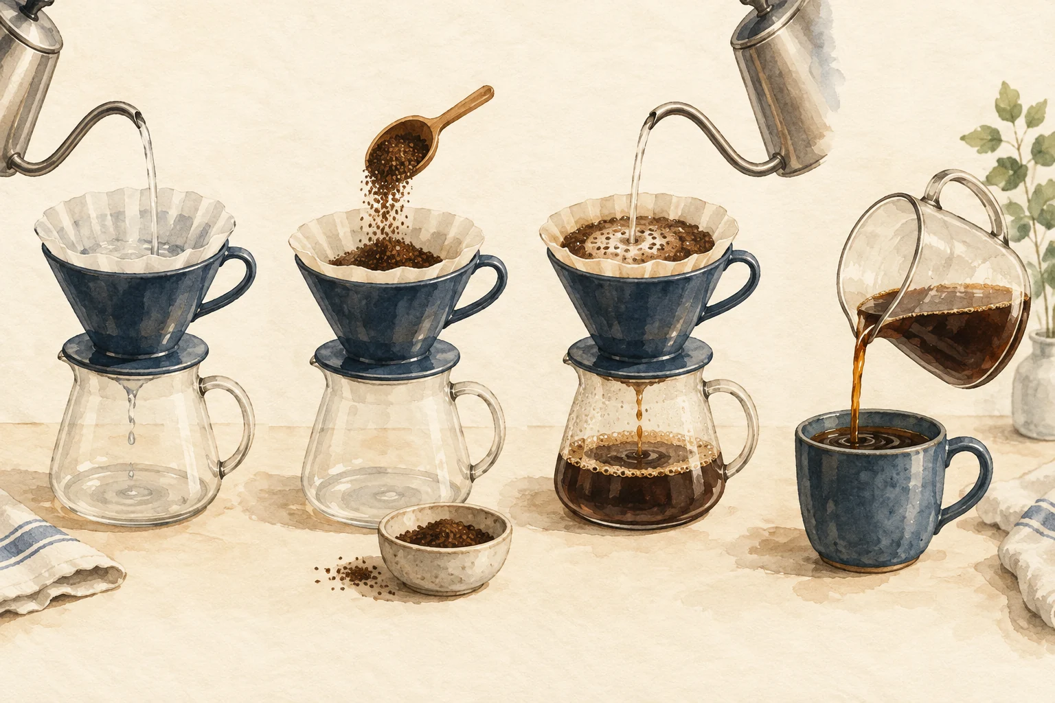 Creative reference: four watercolor vignettes showing pour-over coffee preparation