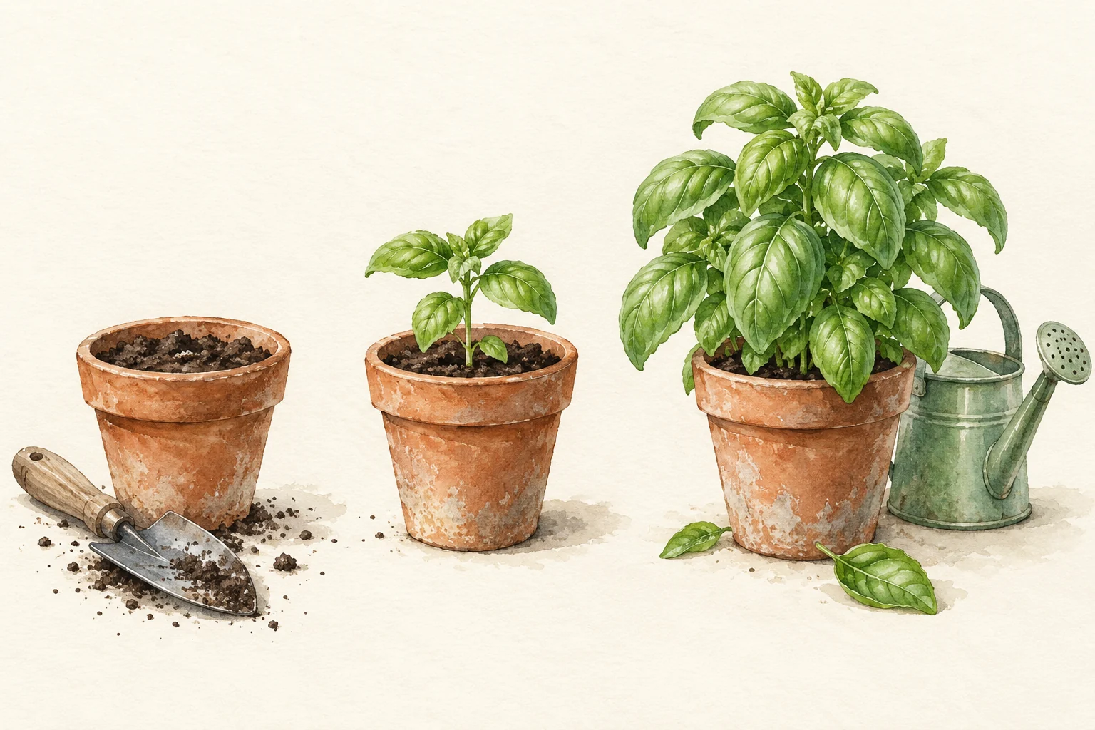 Creative reference: terracotta pots with soil, a basil seedling and mature basil