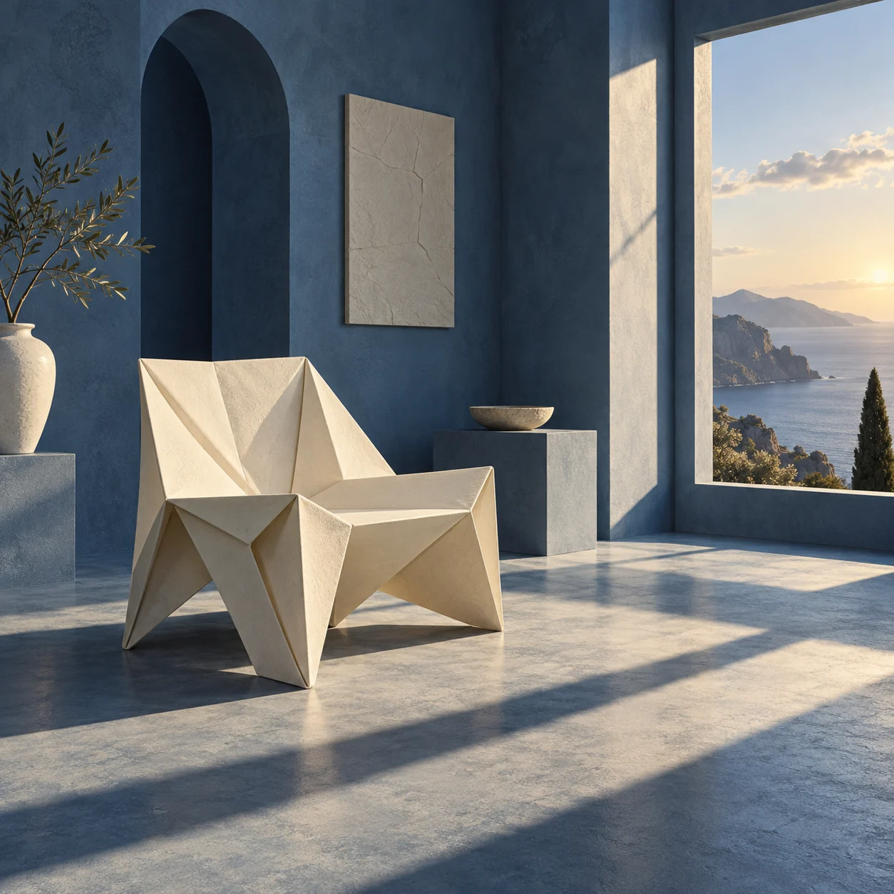 Creative reference: an ivory folded-paper chair in a sunlit blue room