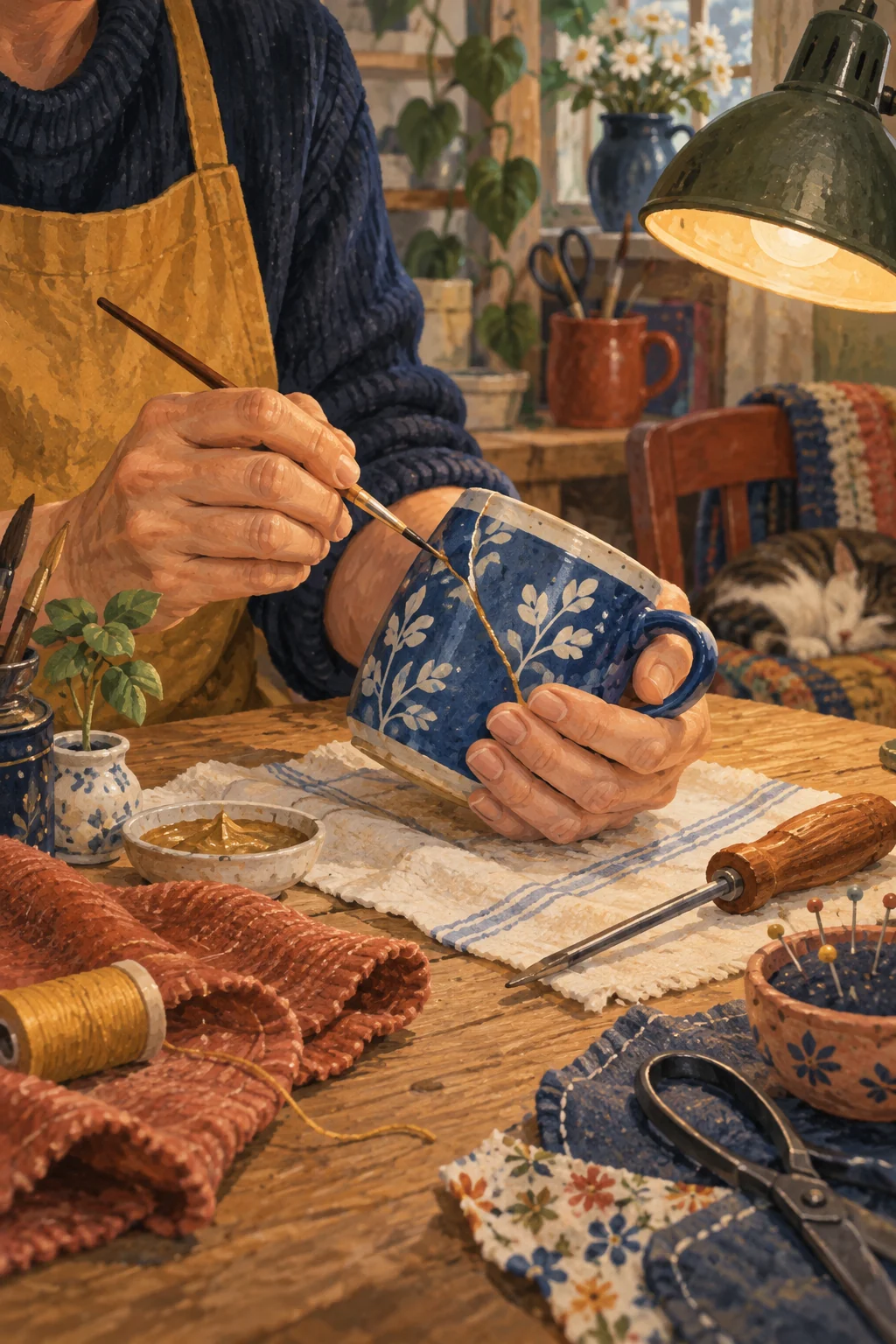 Creative reference: hands repairing a blue ceramic mug in a welcoming workshop