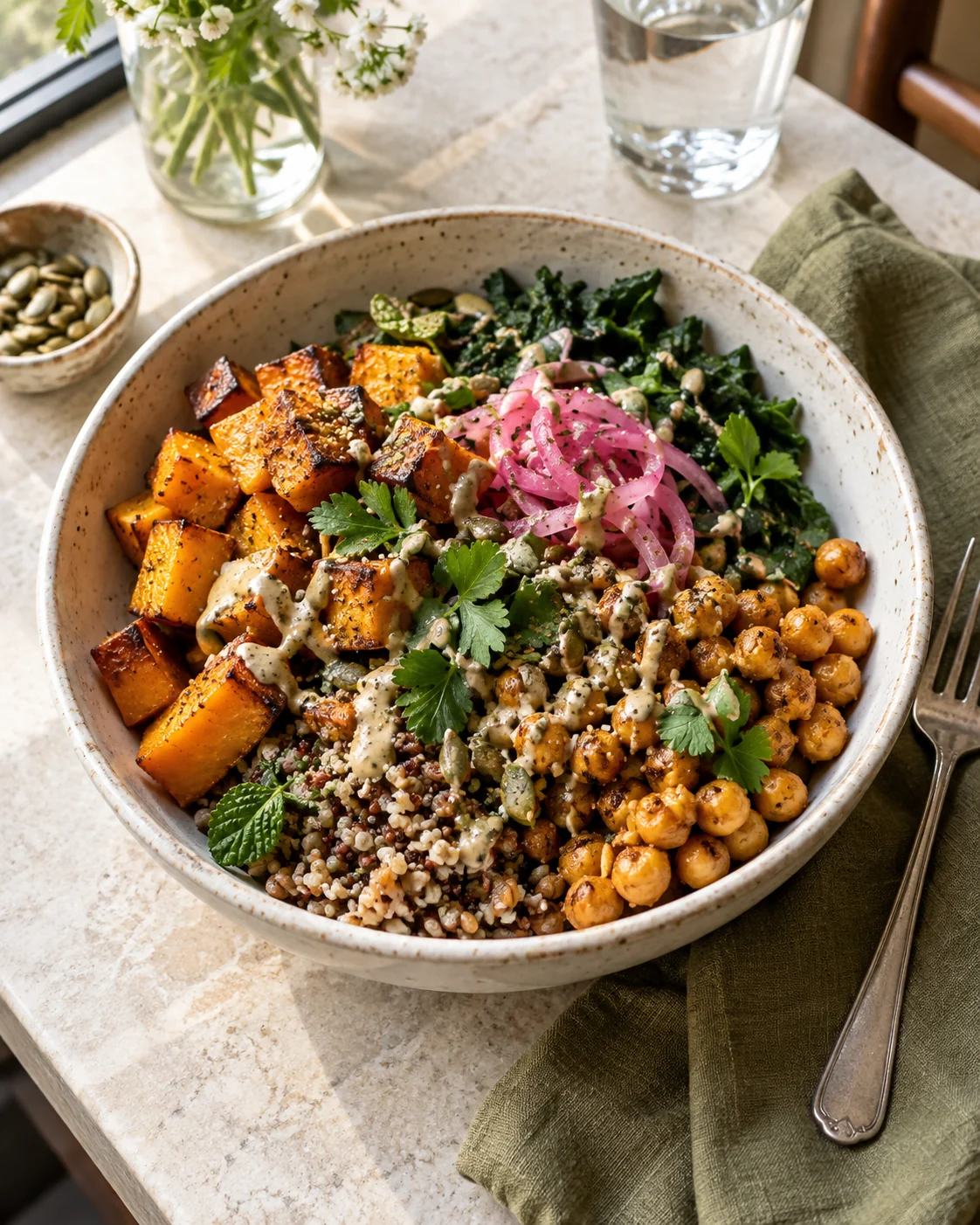 Creative reference: a roast squash grain bowl on a sunlit cafe table