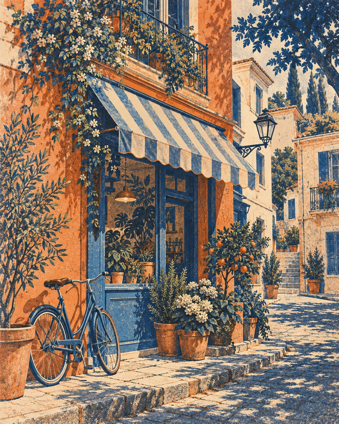 Creative reference: a blue bicycle and leafy neighborhood storefront in risograph style