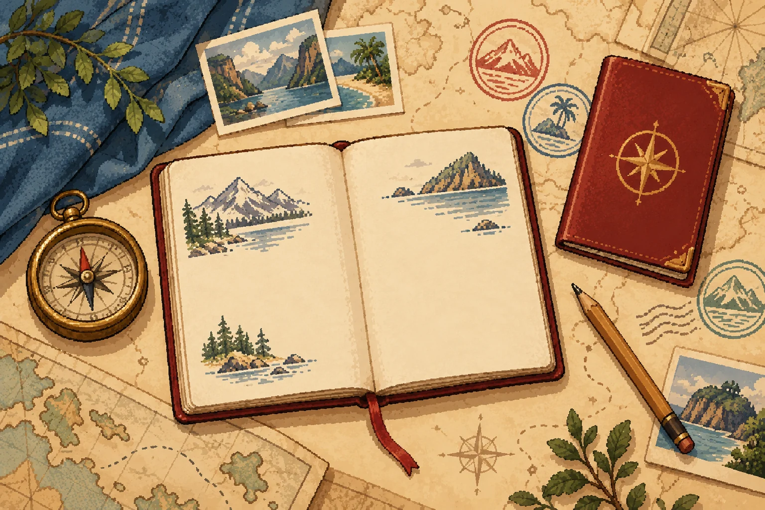 Pixel art notebook, compass, travel stamps and red passport on a desk
