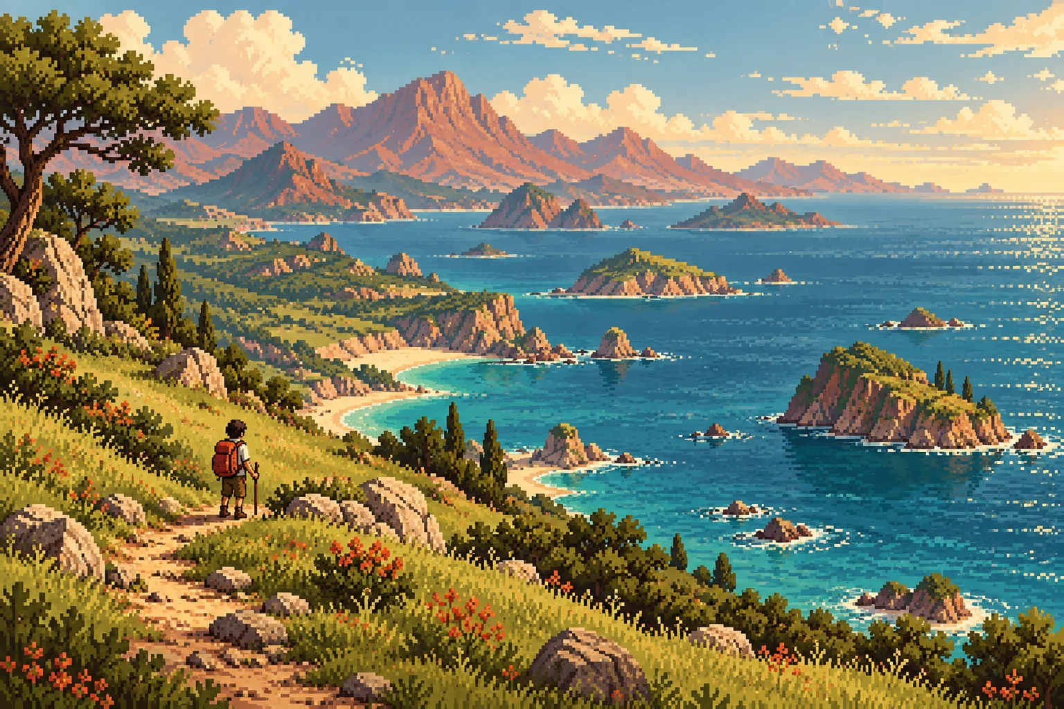 Pixel art explorer surveying a sunlit island coastline