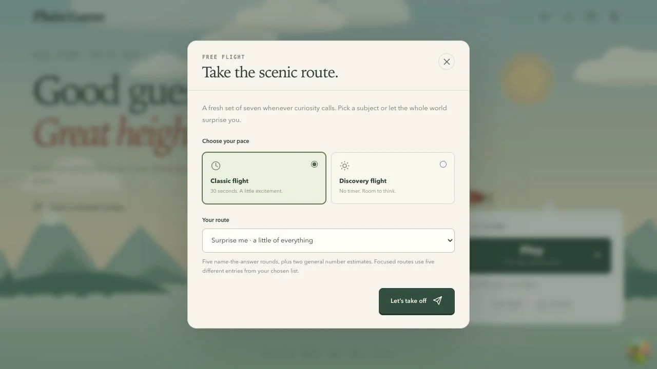 The Free flight menu with Classic and Discovery pace options and a collection selector