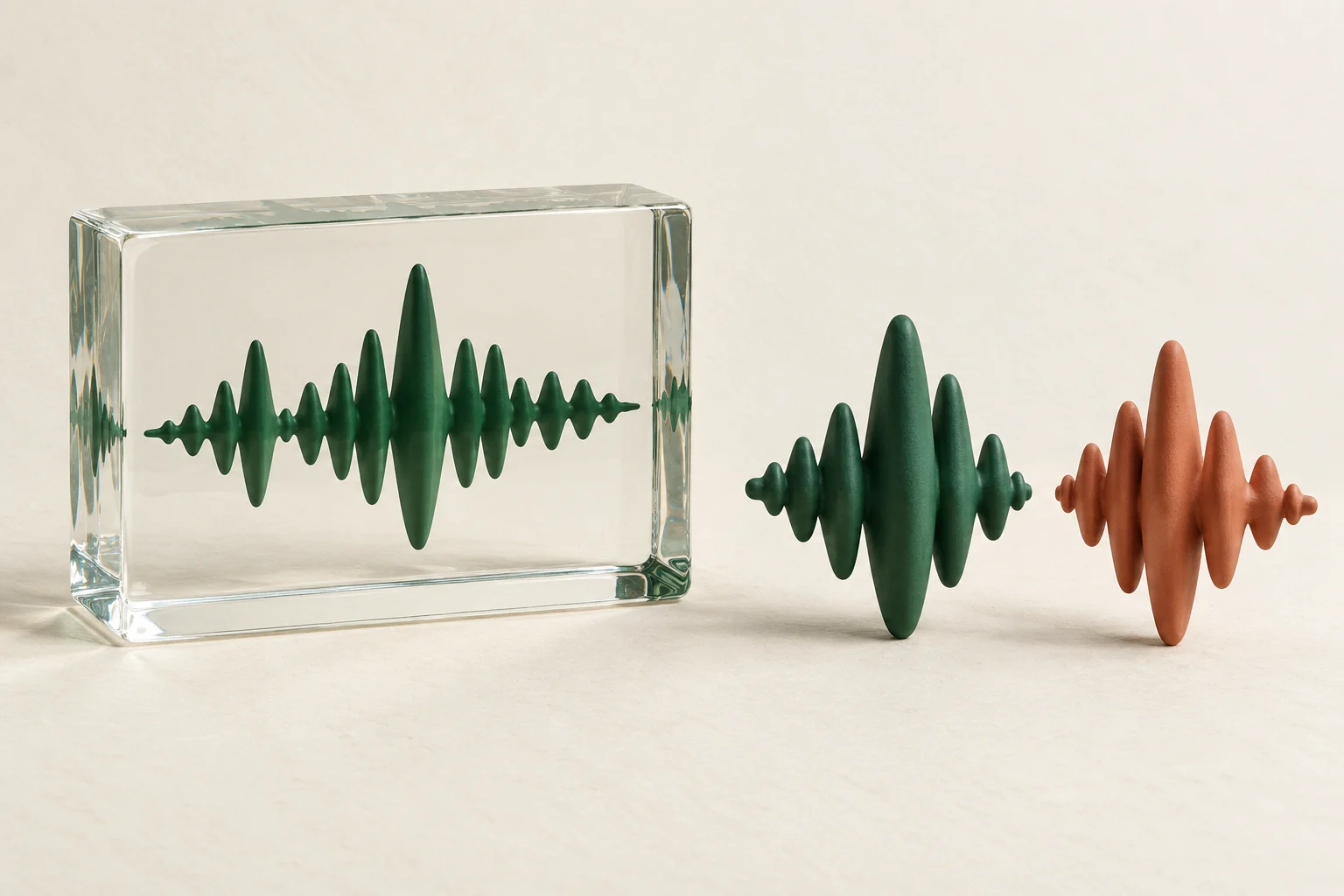 A framed green waveform beside two separate green and terracotta sound sculptures.