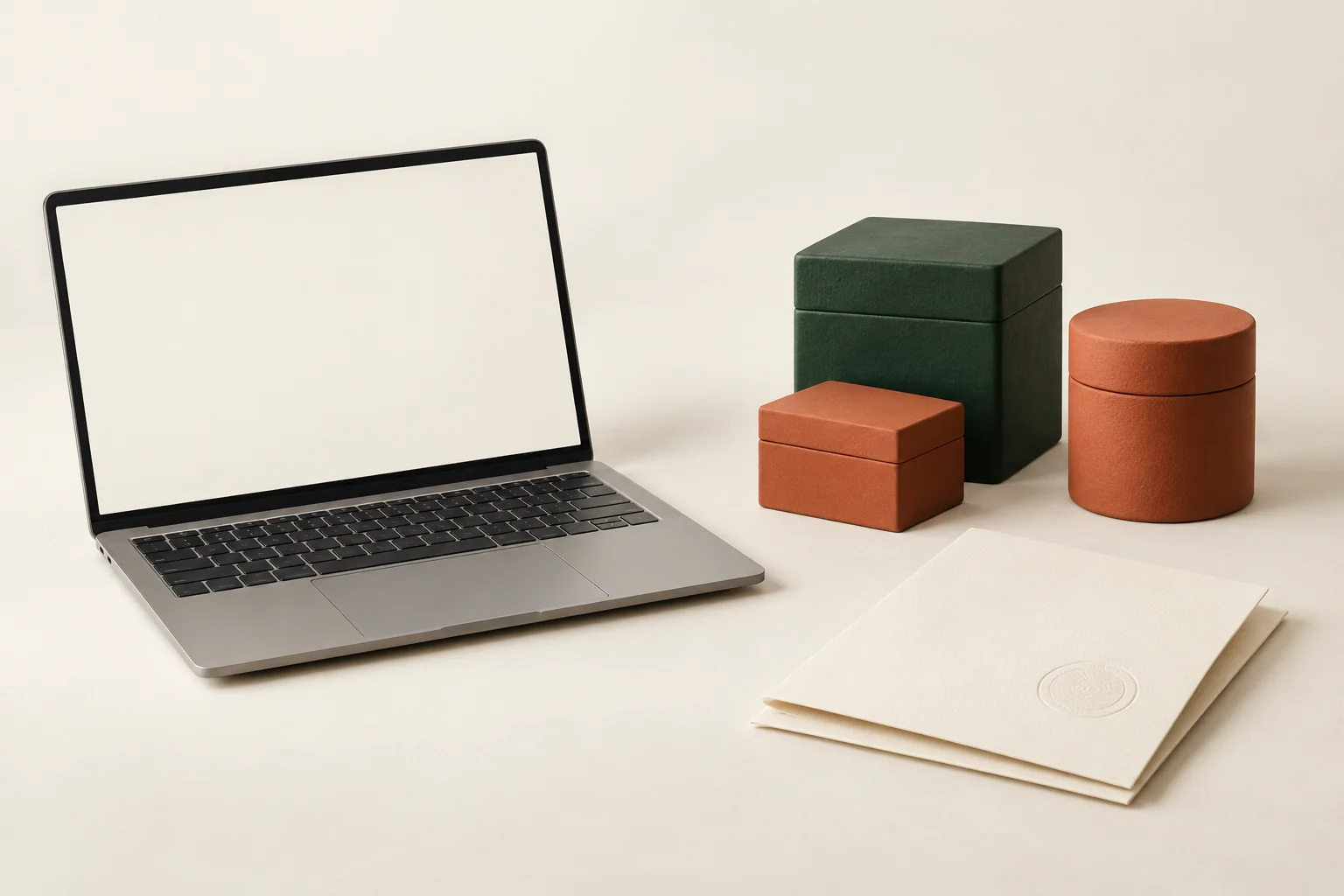 An unbranded laptop, separate ceramic package shapes and blank paper.