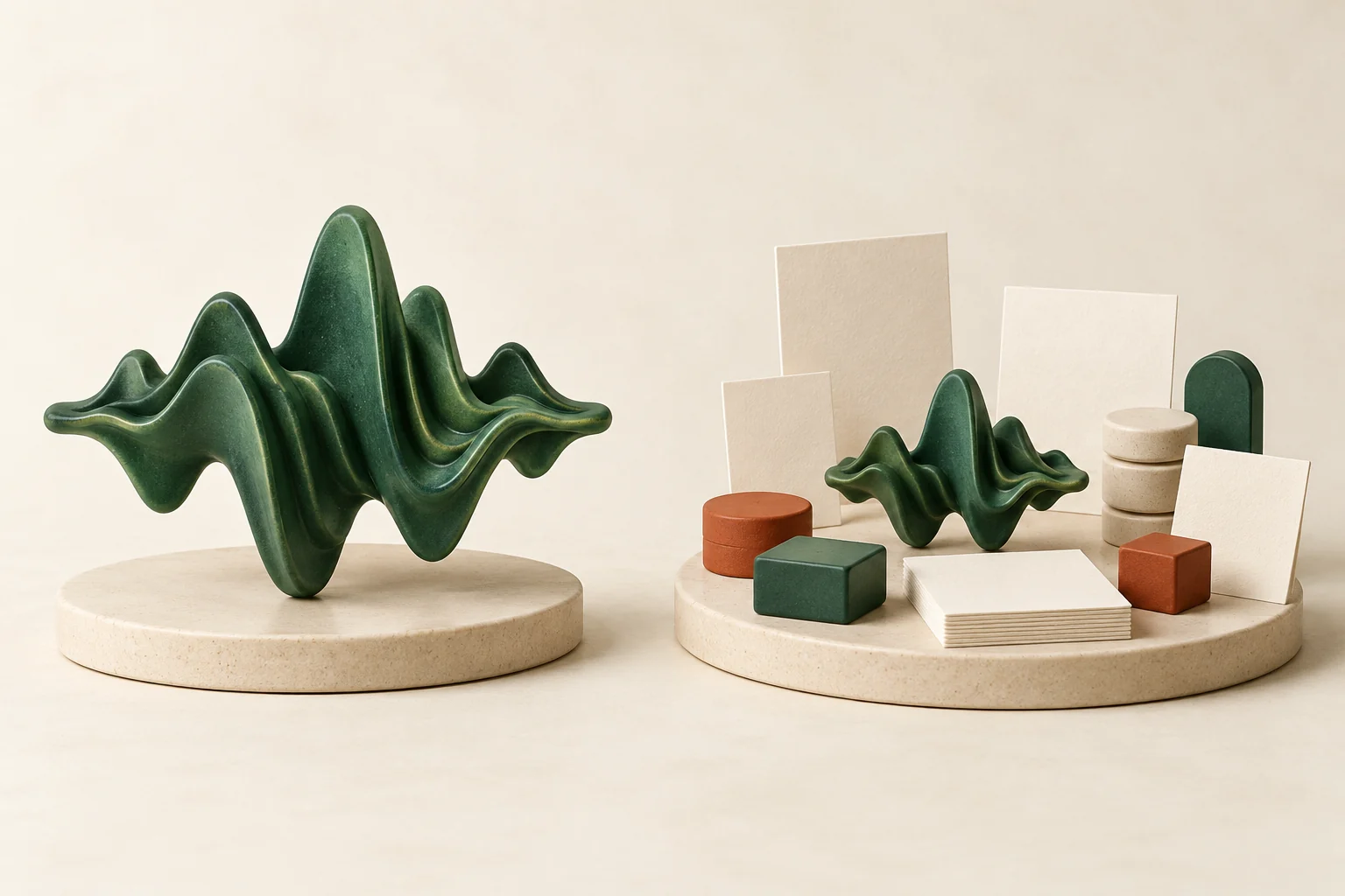A standalone sound sculpture beside a sound sculpture surrounded by blank cards and tool-like modules.
