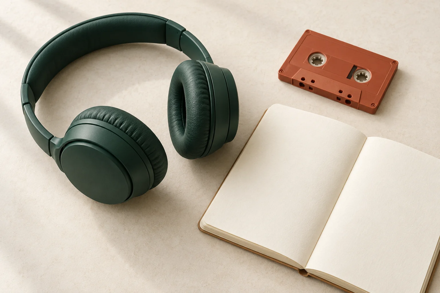 Forest-green headphones, a terracotta cassette and an open notebook.