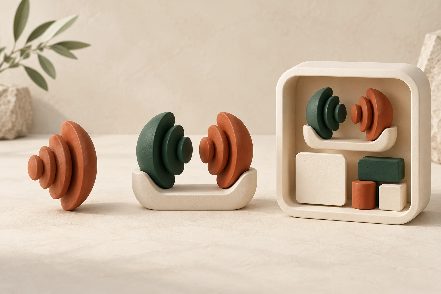 A single sound component, a pair of sound forms and a container combining sound with other modules.