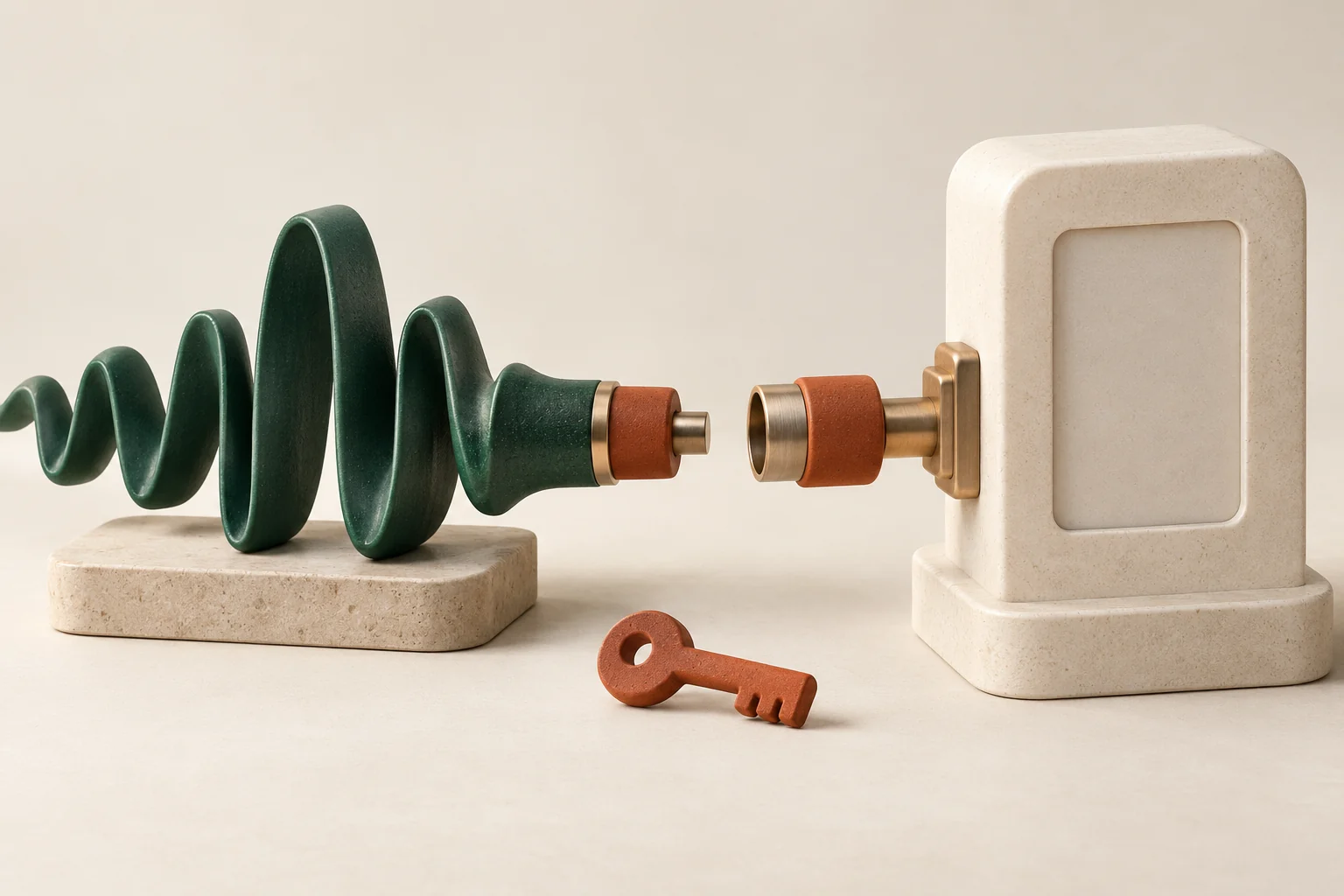 A green sound sculpture and an application-shaped block separated by an open connector, with a key below.