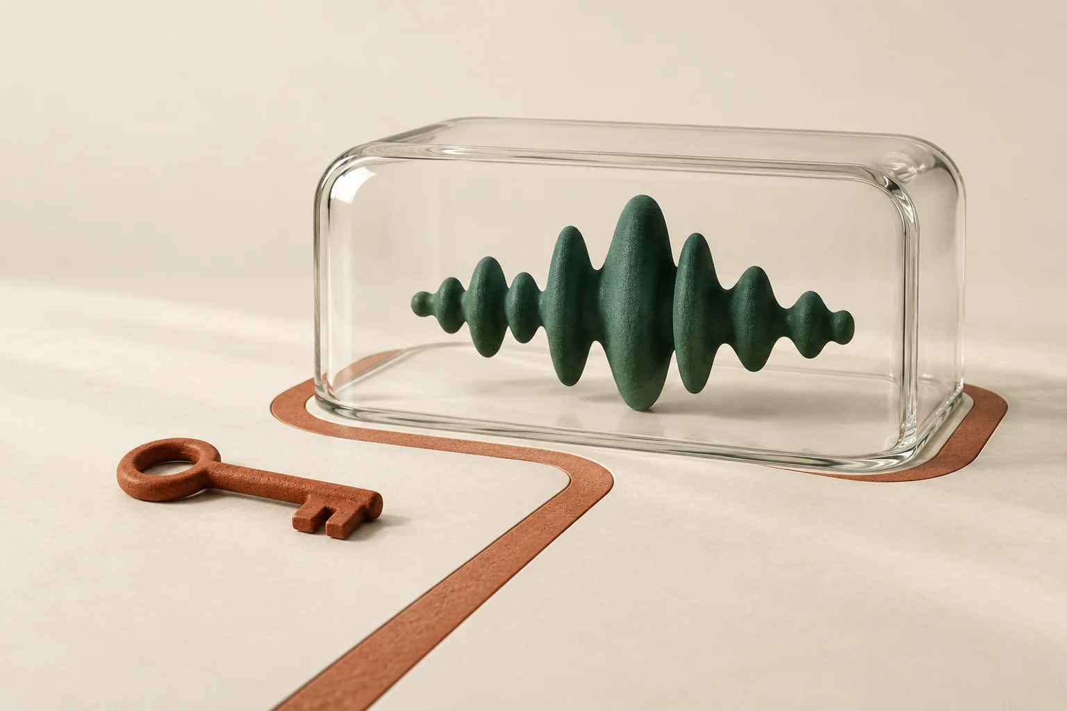 A green sound sculpture under glass, with a terracotta key and a path outside it.