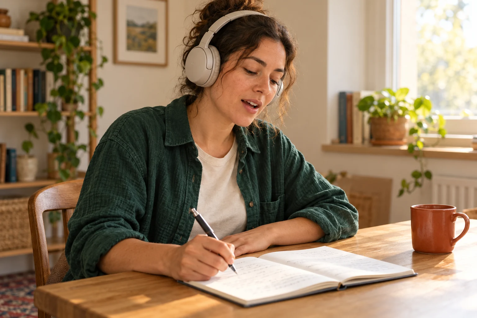 An adult learner wearing headphones writes in a notebook at a naturally lit desk.