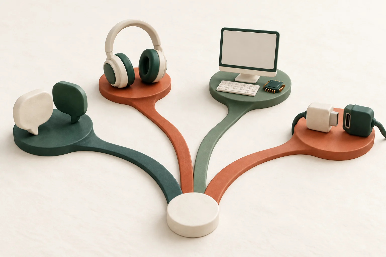 Four branching paths lead to conversation shapes, headphones, a computer and a connector.