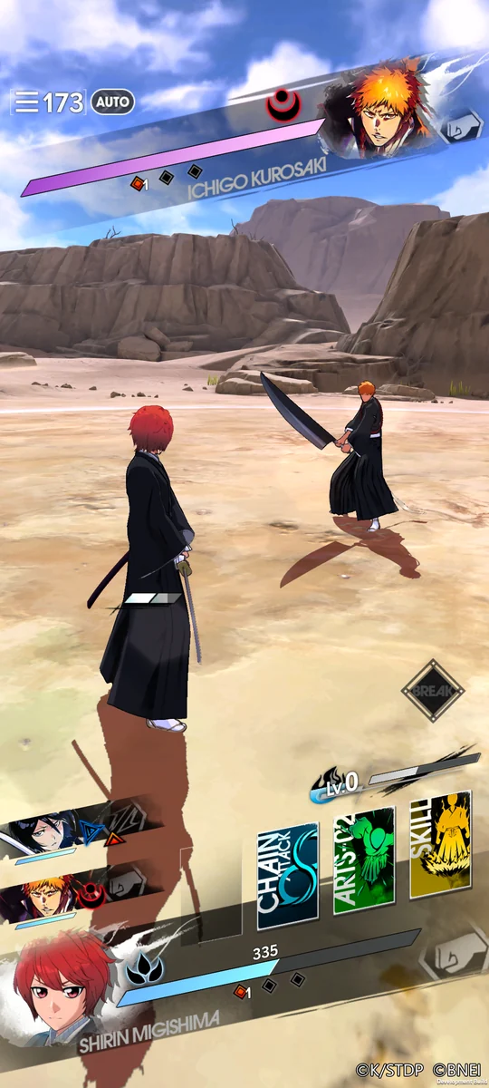 Battle screen: Ichigo vs Shirin with Chain, Arts and Skill Action Cards at the bottom right